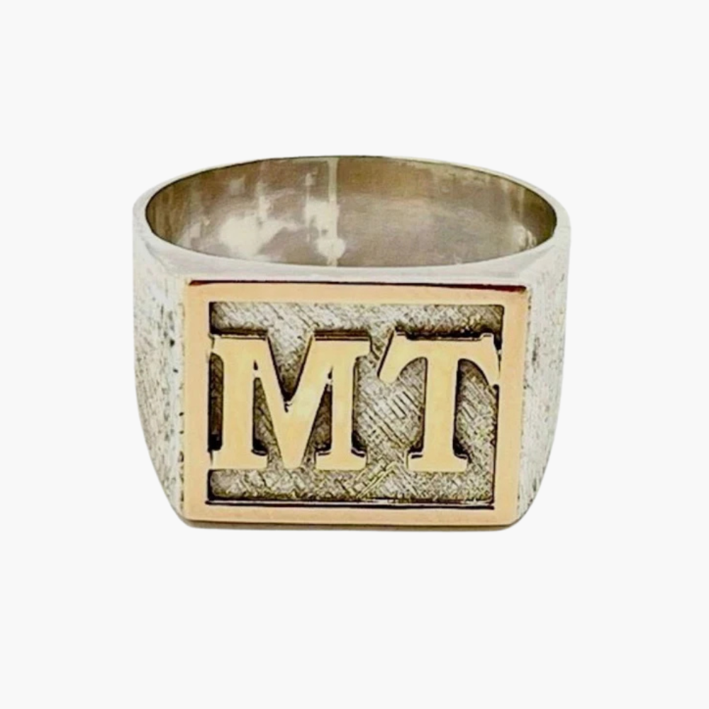 Anillo De Mesa Personalizado Sello Hombre Completo Plata o Plata y Oro 10k  13x16mm